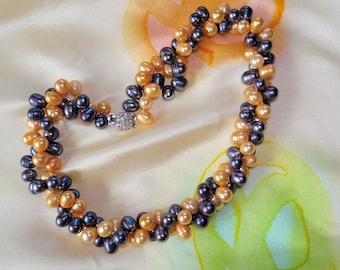 Chunky 2 Strand Real Freshwater Pearl Necklace/choker Party Jewelry, Baroque Pearl Necklace June birthstone Necklace Colored Pearl charm
