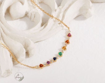 10k/14k/18k Solid Gold Multi-Coloured Garnet Bar Necklace Rainbow Necklace Birthstone Gemstone Necklace for Women Anniversary Gift for Her