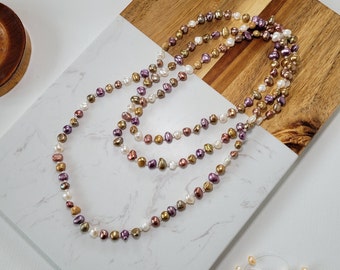 46" Multi-color Freshwater Pearl Necklace, Real Pearl Necklace, Statement Necklace ,Rice Pearl jewelry Gift for Mother, layering necklace