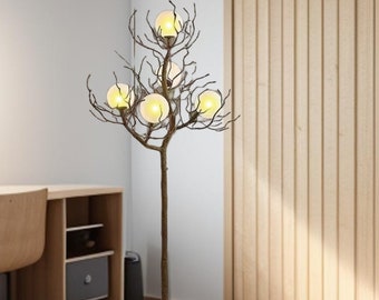 Nordic Style Tree Branch Floor Lamp with White Moon Bubble Glass Light