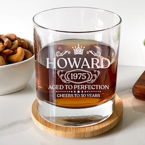 Personalized Cheers to 50 Years laser-engraved 10.5oz Whiskey Rocks Glass, Custom Bourbon Gift For Men, 50th Birthday, Aged to Perfection.