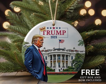 Donald Trump 2025, kerstboomdecor, politieke trends, keramisch ornament, vakantiecadeau, koning Trump 2025, cadeau voor haar of hem.