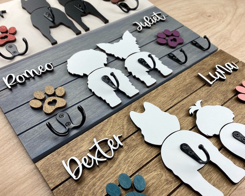 Custom Shiplap Dog Leash Holder, Two Dogs Personalized Leash holder, Dog Butt Leash Holder, Dog Paw Print Leash Holder, Housewarming Gift. image 3