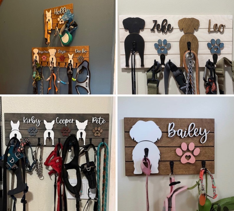 May include: Four wooden dog leash holders with dog silhouettes and names. The holders are mounted on a wall and have hooks for hanging leashes. The names on the holders are Kirby, Cooper, Pete, Bailey, Zeke, Leo, Holly, Rosie, and Dee-Dee.