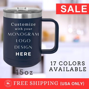 Personalized Laser-Engraved Coffee Mug, Logo, Text, Monogram/Design, 15-oz Tumbler, Polar Camel Insulated Stainless Steel with Lid.