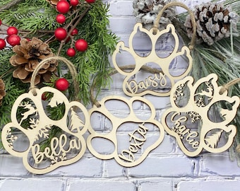 Personalized Paw Ornament, Custom Dog, Cat Paw Name Christmas Ornament, Laser-Engraved, The perfect gift for a dog lover.