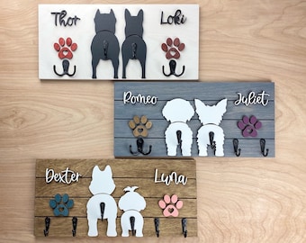 Custom Shiplap Dog Leash Holder, Two Dogs Personalized Leash holder, Dog Butt Leash Holder, Dog Paw Print Leash Holder, Housewarming Gift.