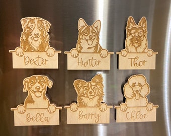 Personalisierter Hunde-Hunde-Kühlschrankmagnet, Laser gravierte Hunderasse, 200 Hunderassen verfügbar, lasergeschnittener Holzmagnet.