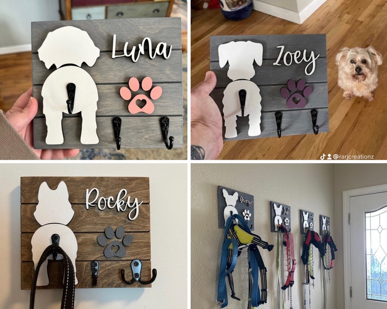 May include: A set of three wooden dog leash hooks with a paw print and dog silhouette. The hooks are labeled "Rocky", "Zoey", and "Luna".