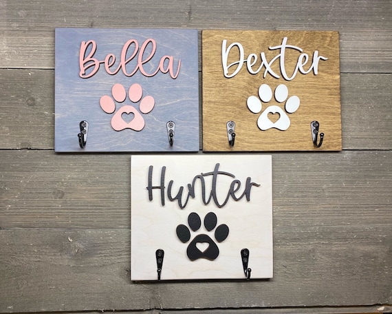 Personalized Dog Leash Holder, Paw Print, Baltic Birch Wood, USA Made
