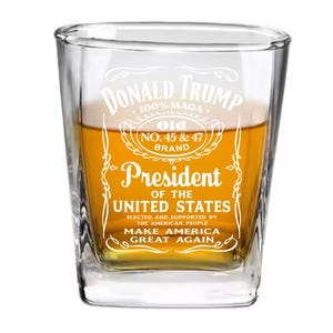 President Trump 45 & 47 MAGA, Conservative Political Gift for Men, Laser engraved, 10.5oz Square on the Rocks Glass, Whiskey Style.
