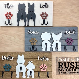 Custom Shiplap Dog Leash Holder, Two Dogs Personalized Leash holder, Dog Butt Leash Holder, Dog Paw Print Leash Holder, Housewarming Gift. image 2
