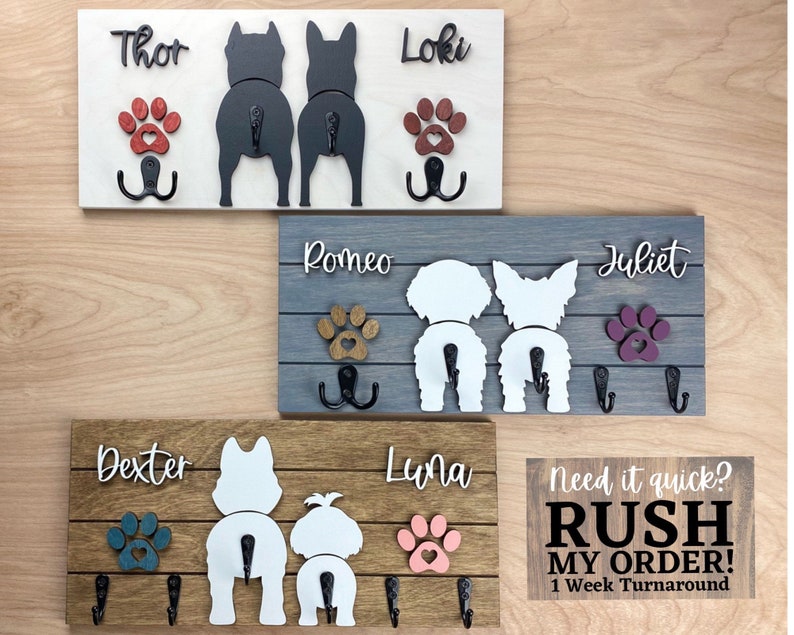 Custom Shiplap Dog Leash Holder, Two Dogs Personalized Leash holder, Dog Butt Leash Holder, Dog Paw Print Leash Holder, Housewarming Gift. image 2