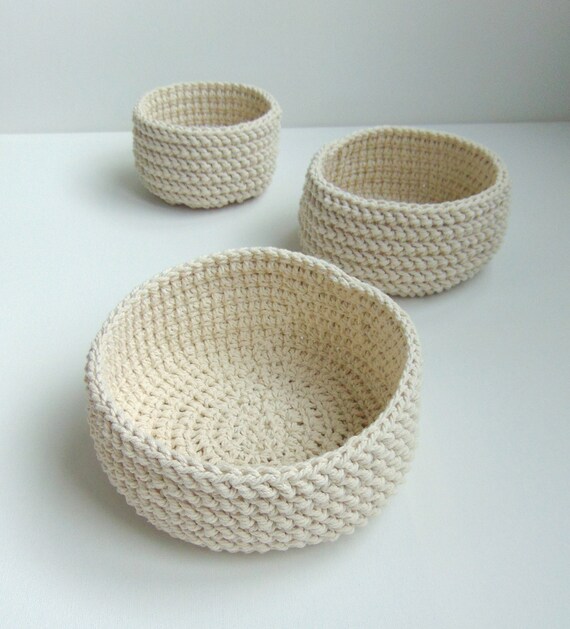 Set Crochet Baskets Round Storage Basket White Natural Etsy