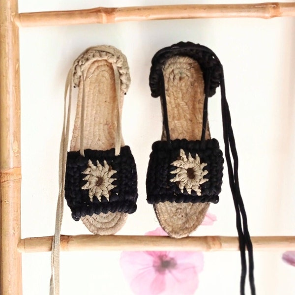 Crochet Sandals Women. Espadrilles from Spain. Espadrilles Ankle Tie. Handmade Espadrilles. Black Espadrilles. Spanish Espadrilles. Crochet