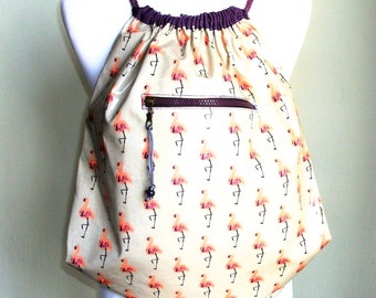 Mochila Flamenco Rosa. Mochila Impermeable Mujer. Bolso de verano bohemio. Mochila hecha a mano. Bolsa de playa. Bolsa ligera. Mochila gris