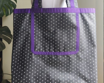 Polka dots Black XL Waterproof Tote Bag. Big  Black Coated canvas Shopping Bag. Big Casual Waterproof Work Bag. Coated fabric polka dots Bag