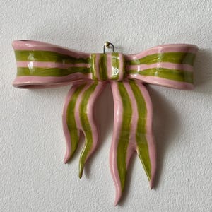 Green Pink Striped Single Loop Bow | Ceramic Wall Ornament | Ceramic Bow