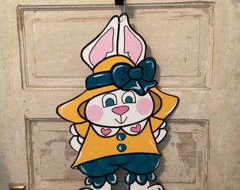 Bunny Girl Easter Door Hanger: Painted MDF Decor (22”)