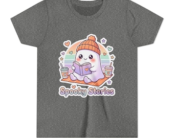 Kawaii Reading Ghost Youth Tee | Spooky Stories Halloween Kids Shirt