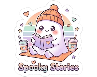 Cute Ghost Reading 'Spooky Stories' Sticker | Kiss-Cut sticker