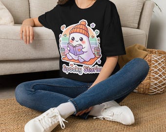 Uroczy T-shirt z napisem „Straszne historie” dla dorosłych | Kawaii Halloween Tee