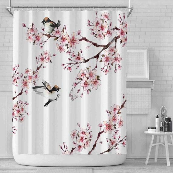 Cherry Blossom Print Shower Curtain Waterproof Polyester Etsy
