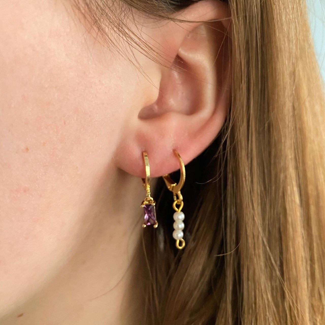 Gold Plated Huggie Hoops with Faux Pearl Beads gold earrings Etsy