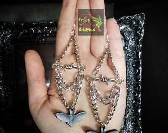 Bats and Barbwire Metal Chain Wood Earrings Goth Jewelry Alternative Fashion Spooky Accessories Halloween Creepy Dark Aesthetic