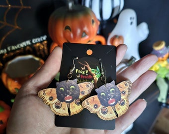 Vintage Black Cat Butterfly Halloween Inspired Wood Earrings Goth Jewelry Alternative Fashion Spooky Accessories Halloween Dark Aesthetic