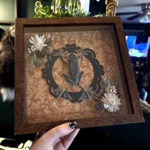 May include: A framed shadow box featuring a dark frog silhouette within a decorative black frame. The background is a floral patterned paper in shades of brown and white. Dried flowers and pinecones accent the corners, encased in a wooden frame.