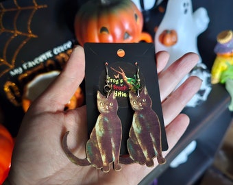 Black Cat Wood Earrings Goth Jewelry Alternative Fashion Spooky Accessories Halloween Creepy Dark Aesthetic