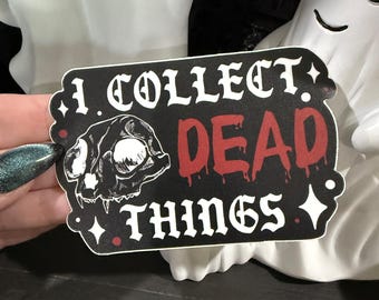May include: Black sticker with the text "I COLLECT DEAD THINGS" in white and red. The sticker features a skull illustration. The sticker has a decorative border with small star and dot accents.