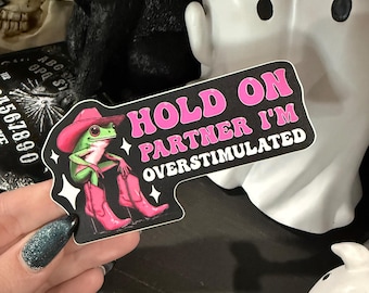 Hold on partner I’m overstimulated Sticker, Vinyl Decal Sticker, Overstimulated Cowboy Frog Vinyl Sticker, Cowboy Humor Aesthetic Sticker