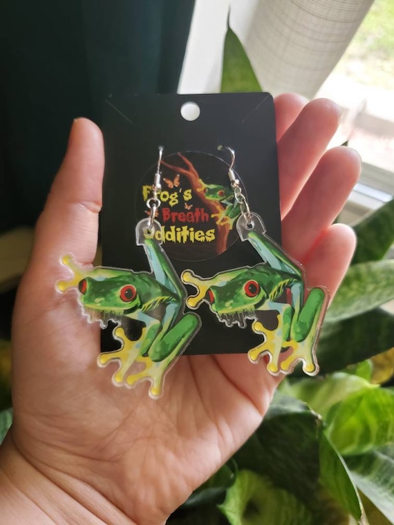 Frog's Breath Logo Tree Frog Acrylic Earrings, Frog Lover Earrings