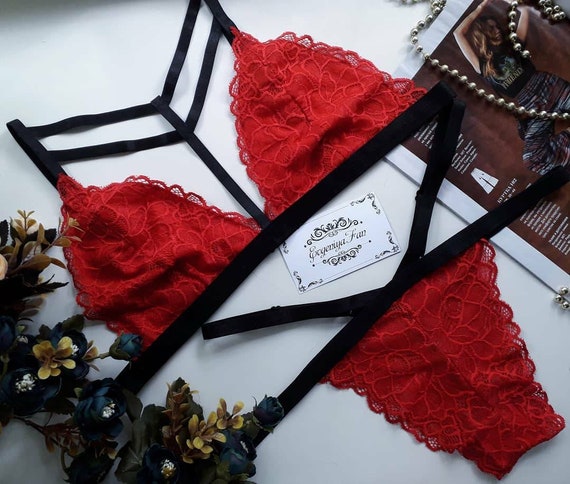 Conjunto de lencería de seda roja, lencería de encaje negro, lencería sexy,  cinturón de suspensión, lencería roja -  México