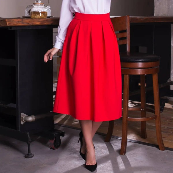 Pleated swing midi skirt, Midi Skirt, Swing  Skirt With Pockets, Womens Skirt, A Line skirt,  Handmade skirt, red skirt