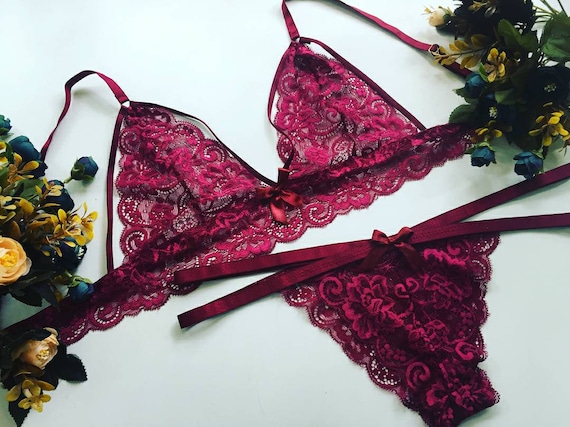 Dark Red Lingerie Set Bra Bralette Panties High Waist Pantie Lace Sale  Handmade -  Canada