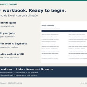 Può includere: Un kit di strumenti Excel per appaltatori con una guida bilingue in quattro fasi: leggere la guida, aggiungere lavori, inserire costi e pagamenti, e rivedere costi e profitti. Include una cartella di lavoro .xlsx a 9 schede senza macro.