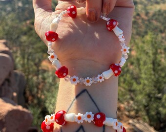 Mushroom Bracelet Anklet Set | Boho Whimsical Beaded Nature Jewelry