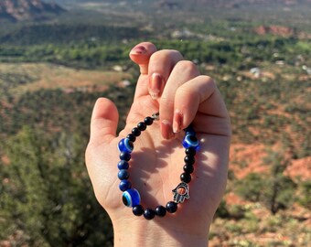 Lapis Lazuli Blue Goldstone Onyx Beaded Bracelet, Evil Eye Hamsa Jewelry