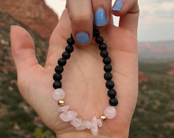 Rose Quartz & Lava Stone Bracelet | Self Love Crystal Bracelet | Handmade Gemstone Jewelry | Aromatherapy Bracelet | Boho Gift for Her
