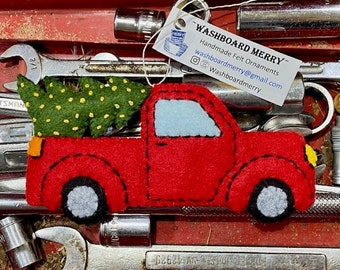 Old Fashioned Red Pickup Truck with Christmas Tree Felt Ornament