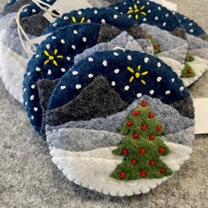 Mountains on a Winter Night with a Christmas Tree Handmade Felt Ornament