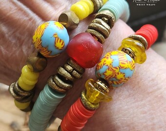 Fun and colorful Triple Bracelet Stack in light blue, red and yellow.
