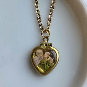Floral Brass Heart Locket with Stainless Steel Chain | Handmade Resin Flower Necklace | Botanical Keepsake Jewelry