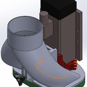 May include: A gray and green dust collection system with a black motor and a red lever. The system has a large, round opening and a curved, gray spout.