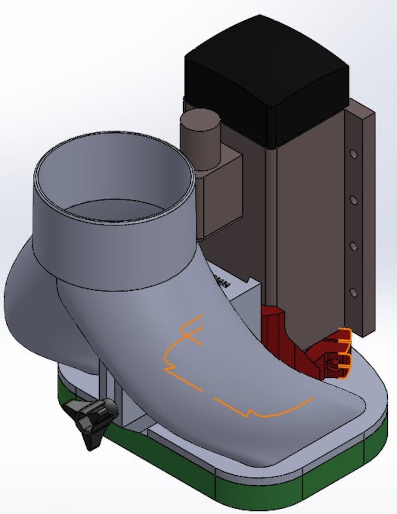 May include: A gray and green dust collection system with a black motor and a red lever. The system has a large, round opening and a curved, gray spout.