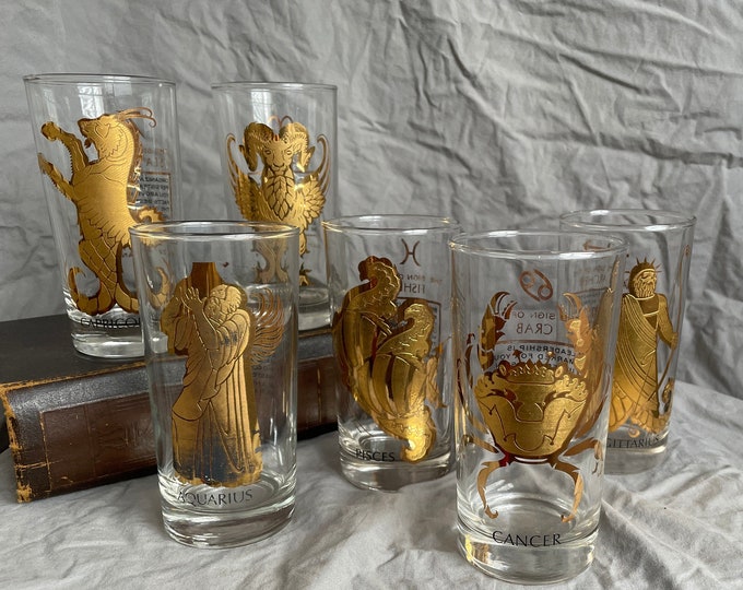 Anchor Hocking 22k Gold Zodiac Glasses Etsy