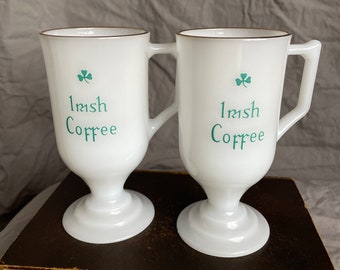 Pair of milk glass Irish Coffee pedestal mugs